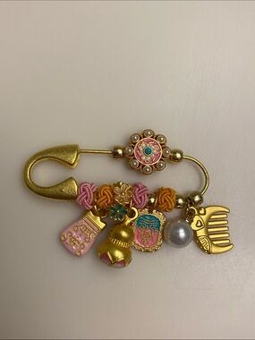 Buddha stones Gold-Tone Floral & Charms Safety Brooch — Pink, Gold & Blue